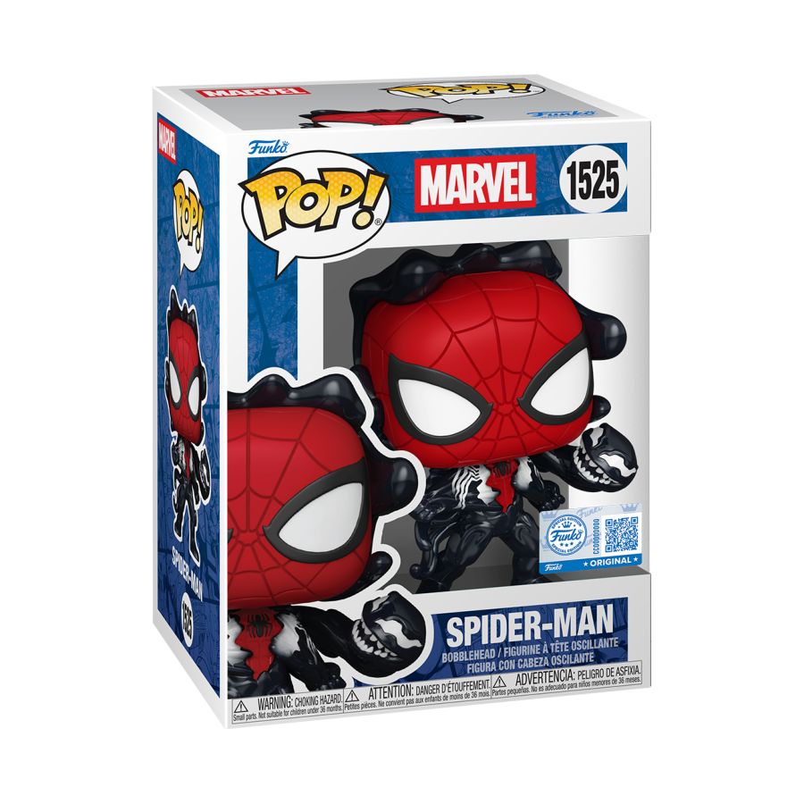 Spider-Man action figure in Funko packaging with symbiote. 