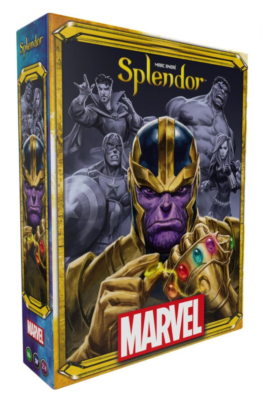 Marvel Splendor board game box with Thanos and other characters on a dark background