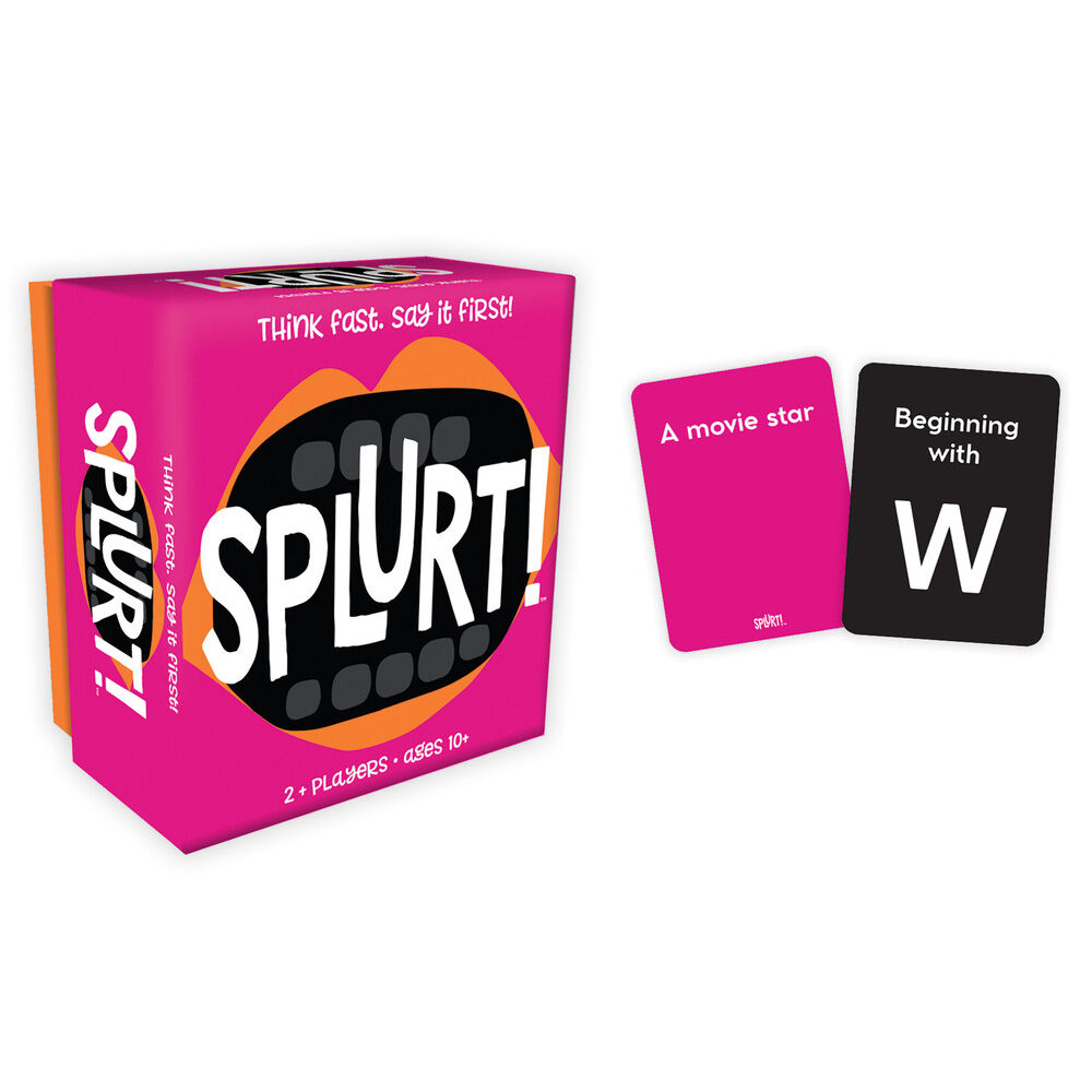 Splurt the card game with cards sitting on the right with a white background