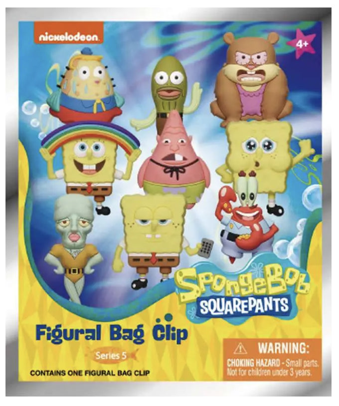 SpongeBob SquarePants figurine set packaging with characters on a blue and yellow background. Spongebob - 3D Foam Keychains Blind Bag Series 5 