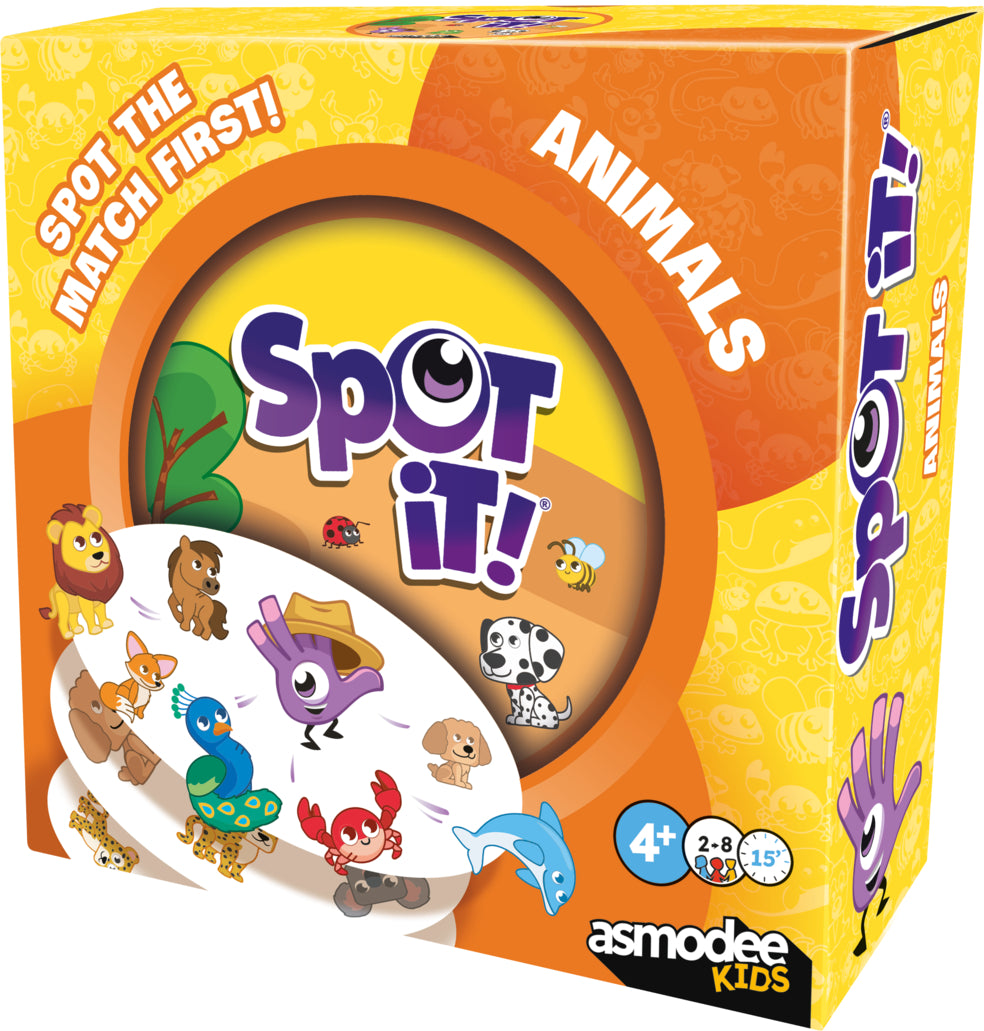 Spot It! Animals game box with colorful design and Asmodee branding