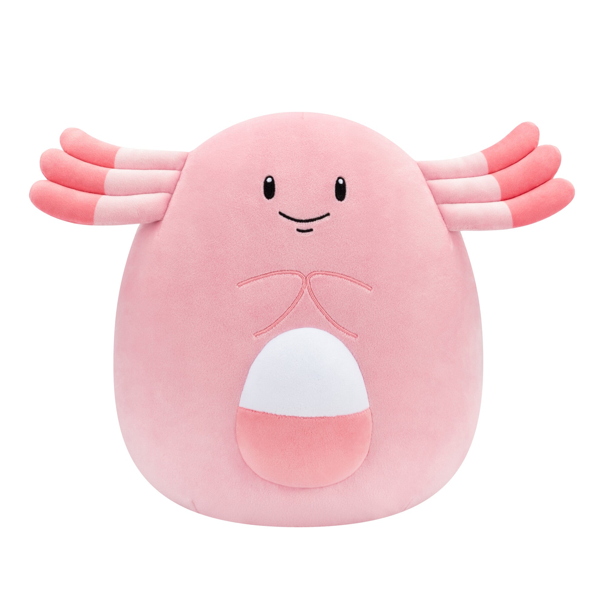 Pink plush toy with a smiling face and antenna-like extensions on a white background. Squishmallows Pokemon Chansey 10 inch.