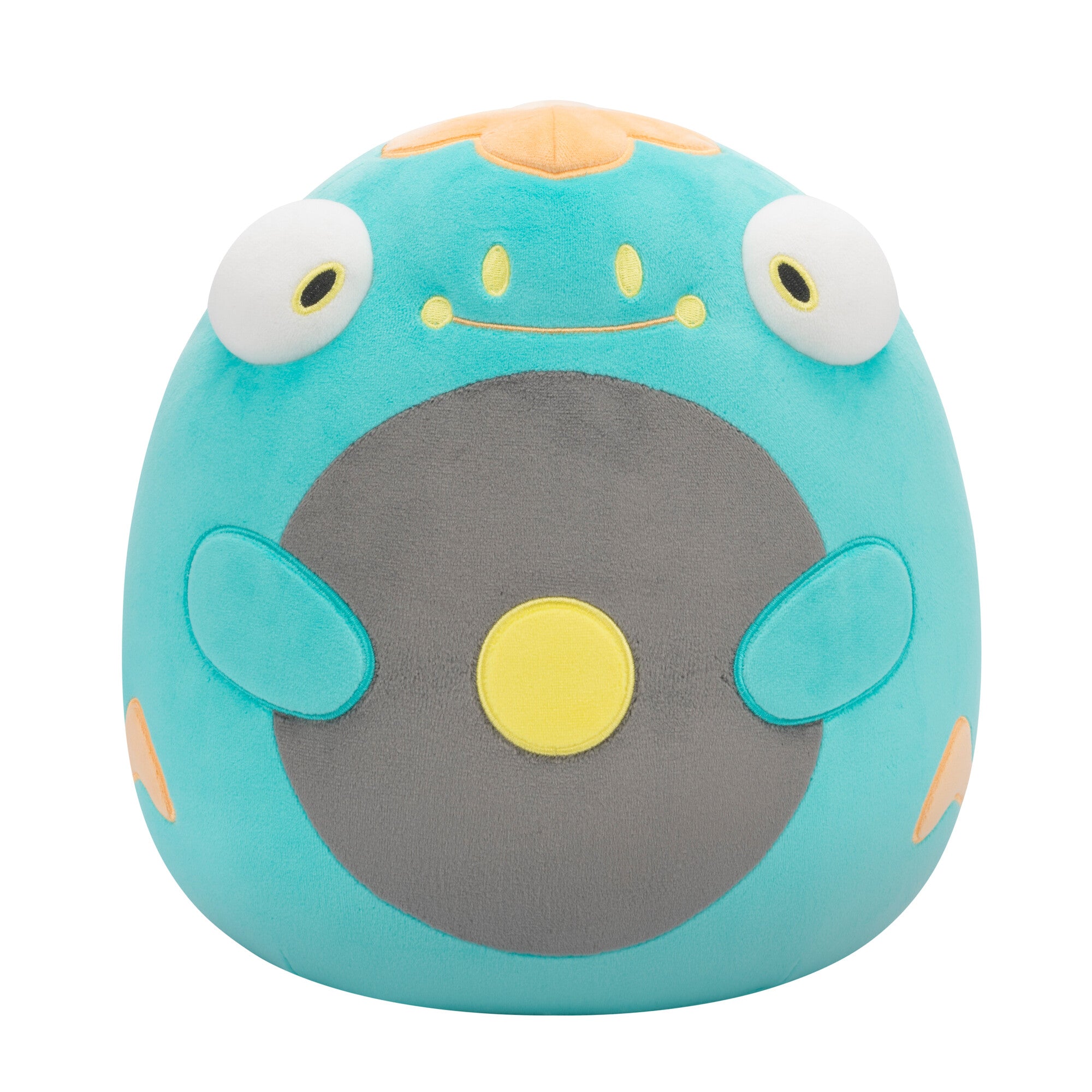 Toy with a round shape, teal body, gray center, and yellow accents on a white background Squishmallows-Pokemon Wave 6 Belibolt 10 inch