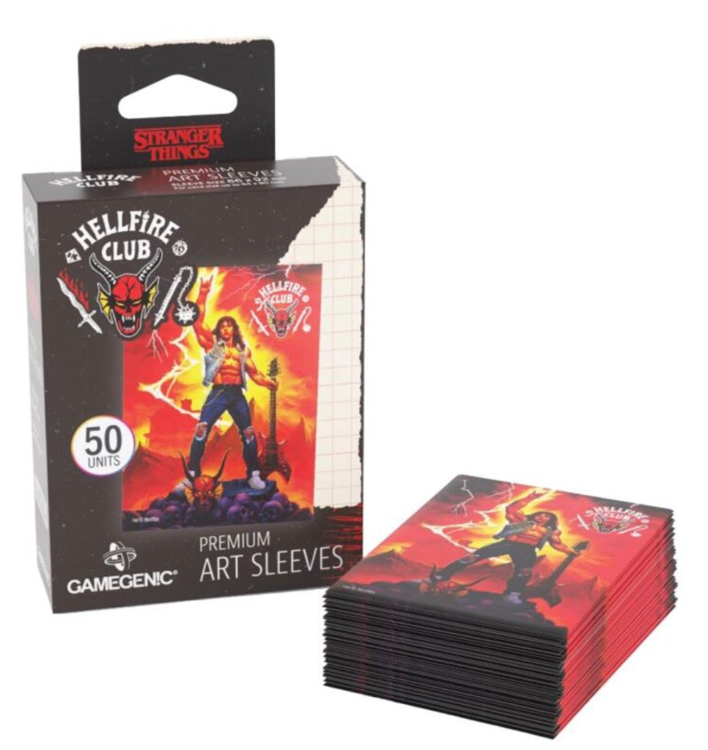 Stack of Hellfire Club premium art sleeves with packaging featuring a character and Gamegenic branding.