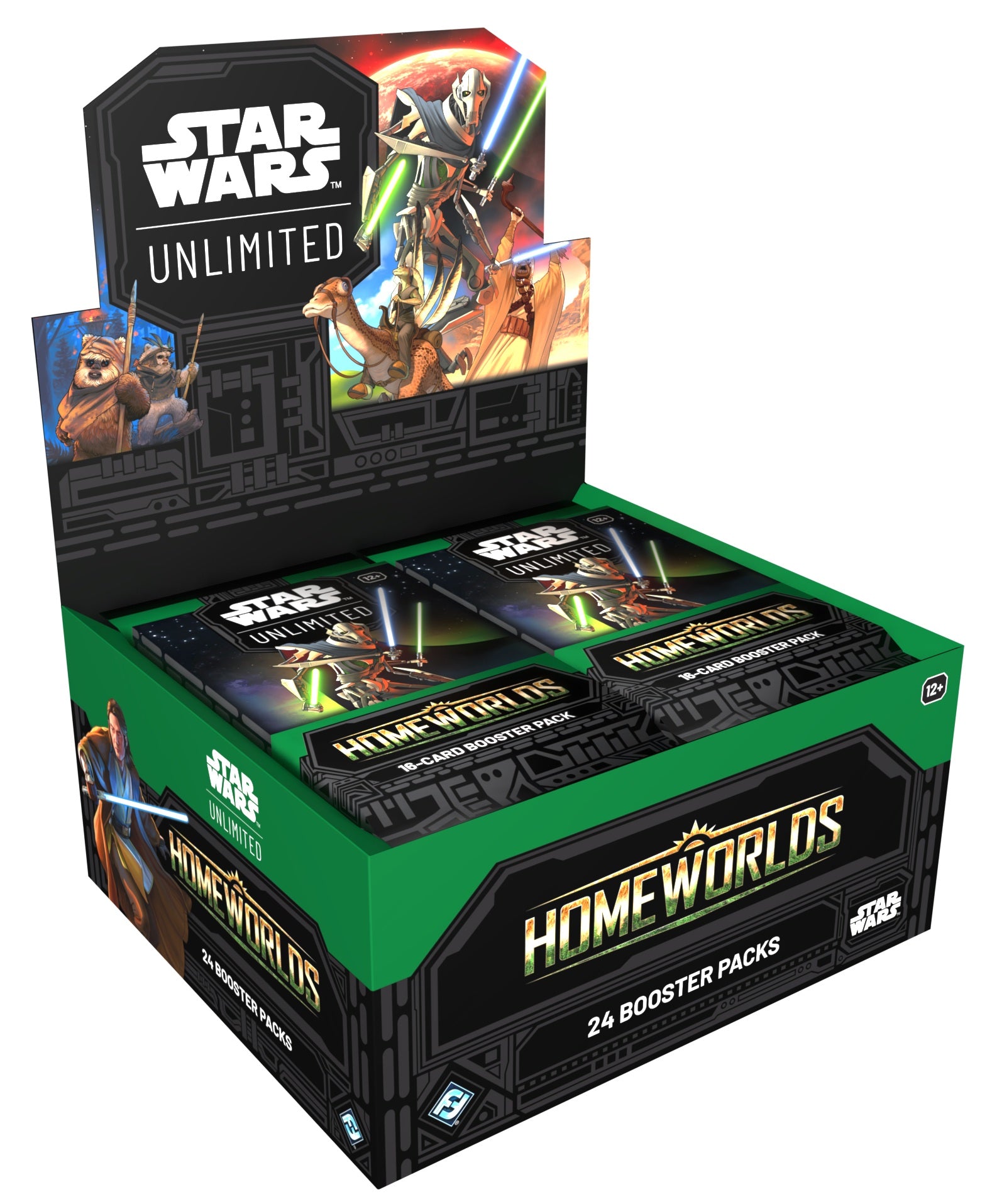 Star Wars Unlimited Homeworlds 24 Booster Packs display box, featuring green and black packaging with character artwork of Tarkin, C-3PO, and other Star Wars figures.