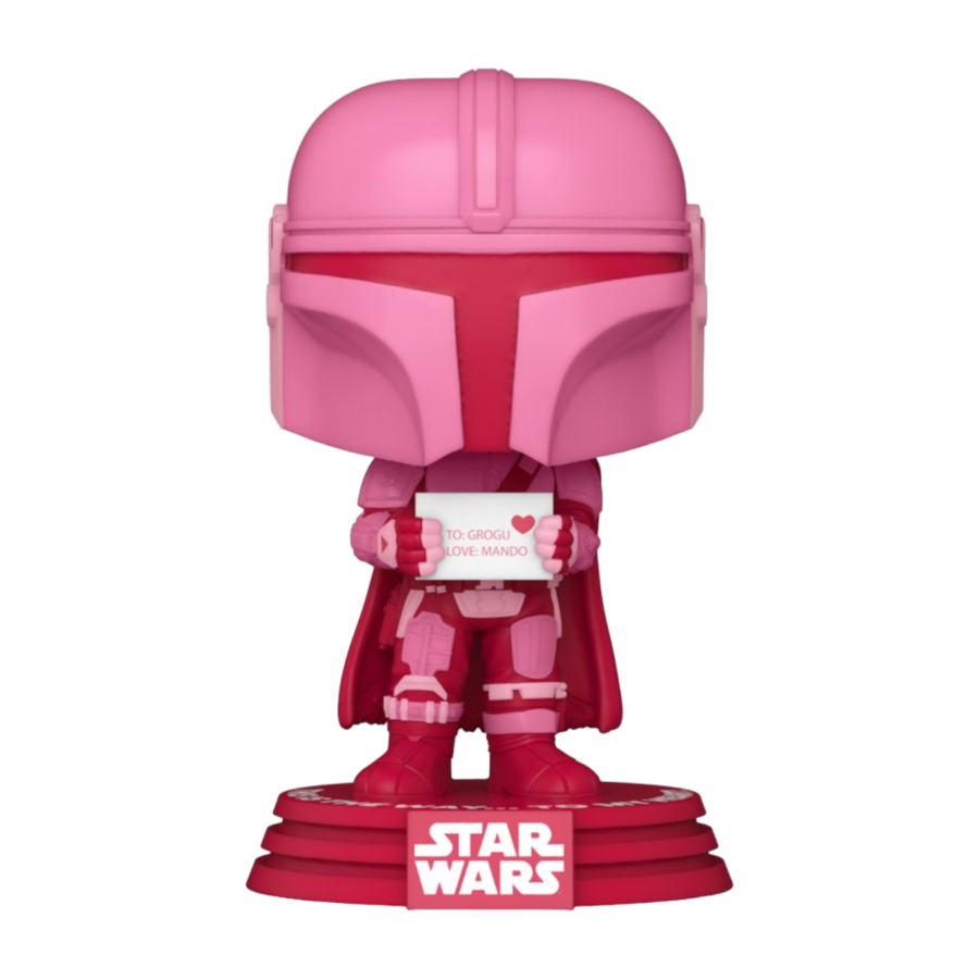 Pink and red Boba Fett figure with a heart message from 'Star Wars' on a white background. Star Wars The Mandalorian Valentine Pop! Vinyl.