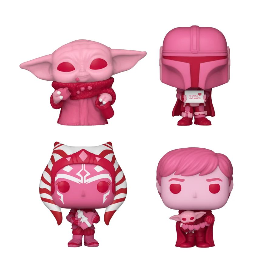Four pink-themed action figures on a white background. Star Wars The Mandalorian Valentines Day US Exclusive Pocket Pop! 4-Pack.