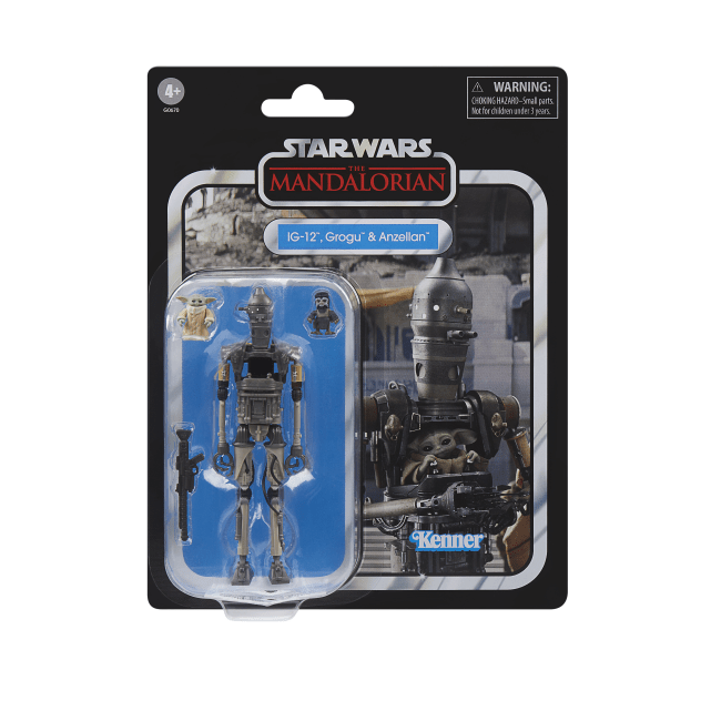 Star Wars The Mandalorian action figure packaging with 'X-12', 'Grogu', and 'Anselim' on a white background. Star Wars The Vintage Collection: IG-12, Grogu & Anzellan.
