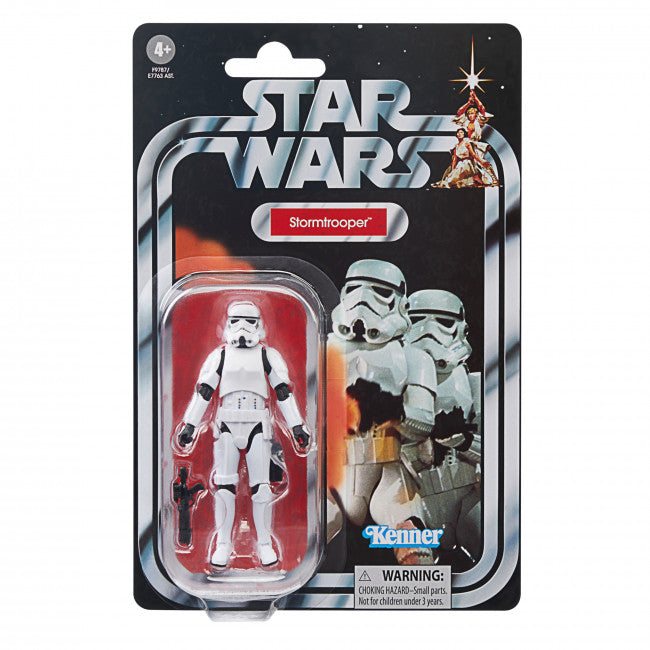Star Wars Stormtrooper action figure packaging with Kenner branding. Star Wars The Vintage Collection Legacy Stormtrooper.