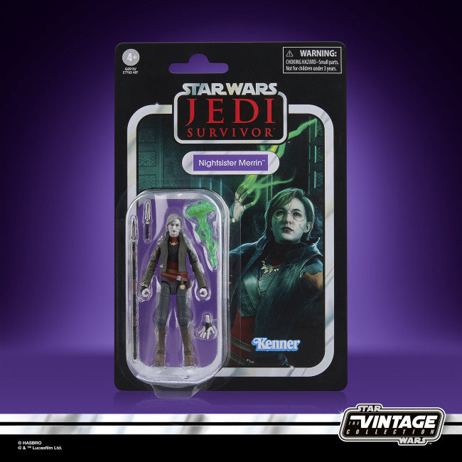 Star Wars Jedi Survivor action figure packaging on a purple background. Star Wars The Vintage Collection Nightsister Merrin.