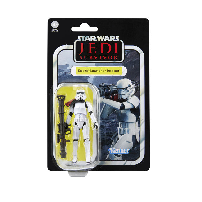 Star Wars Jedi Survivor Rocket Launcher Trooper action figure in packaging. Star Wars The Vintage Collection Rocket Launcher Trooper. 