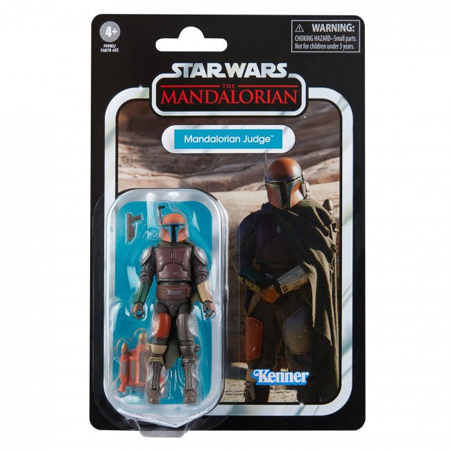 Star Wars The Mandalorian action figure in packaging with 'Kenner' branding. Star Wars The Vintage Collection The Mandalorian, Mandalorian Judge.