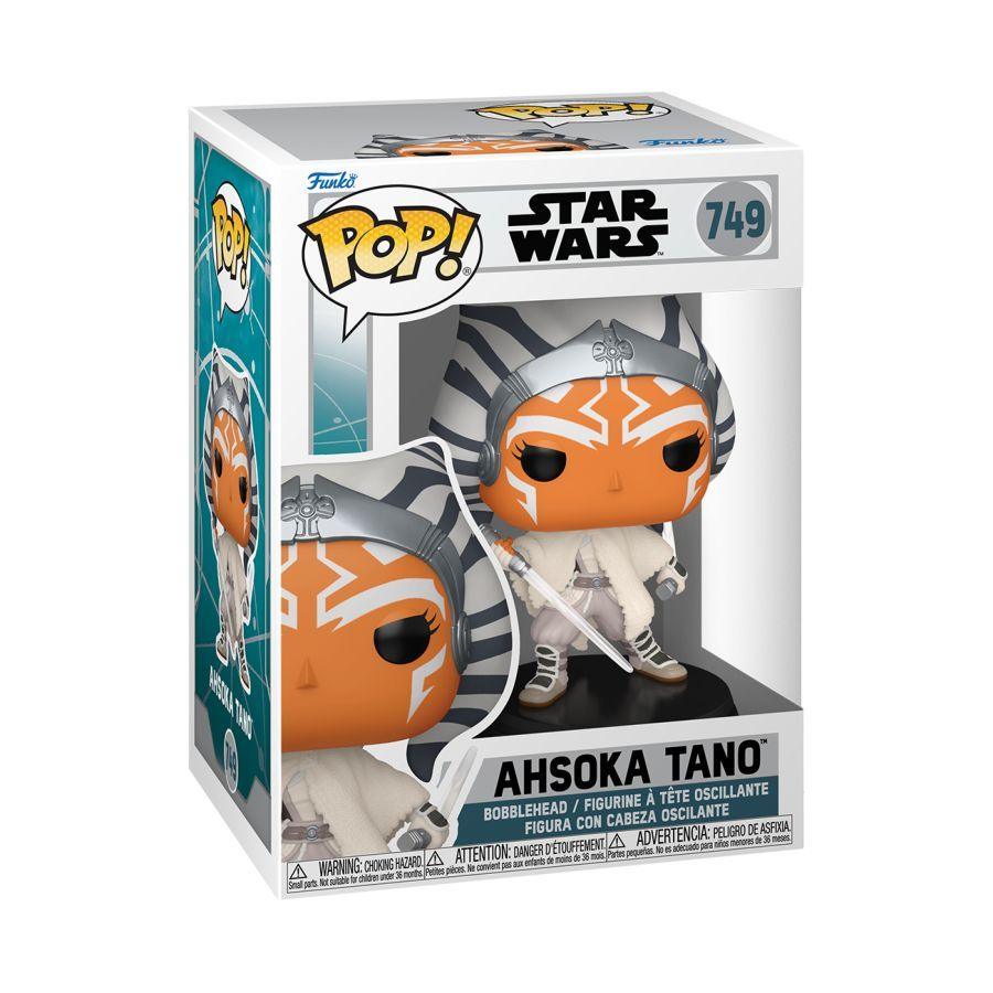 Funko branded packaging with clear window. Inside box is Ahsoka Tano with white robe and dual lightsabers.