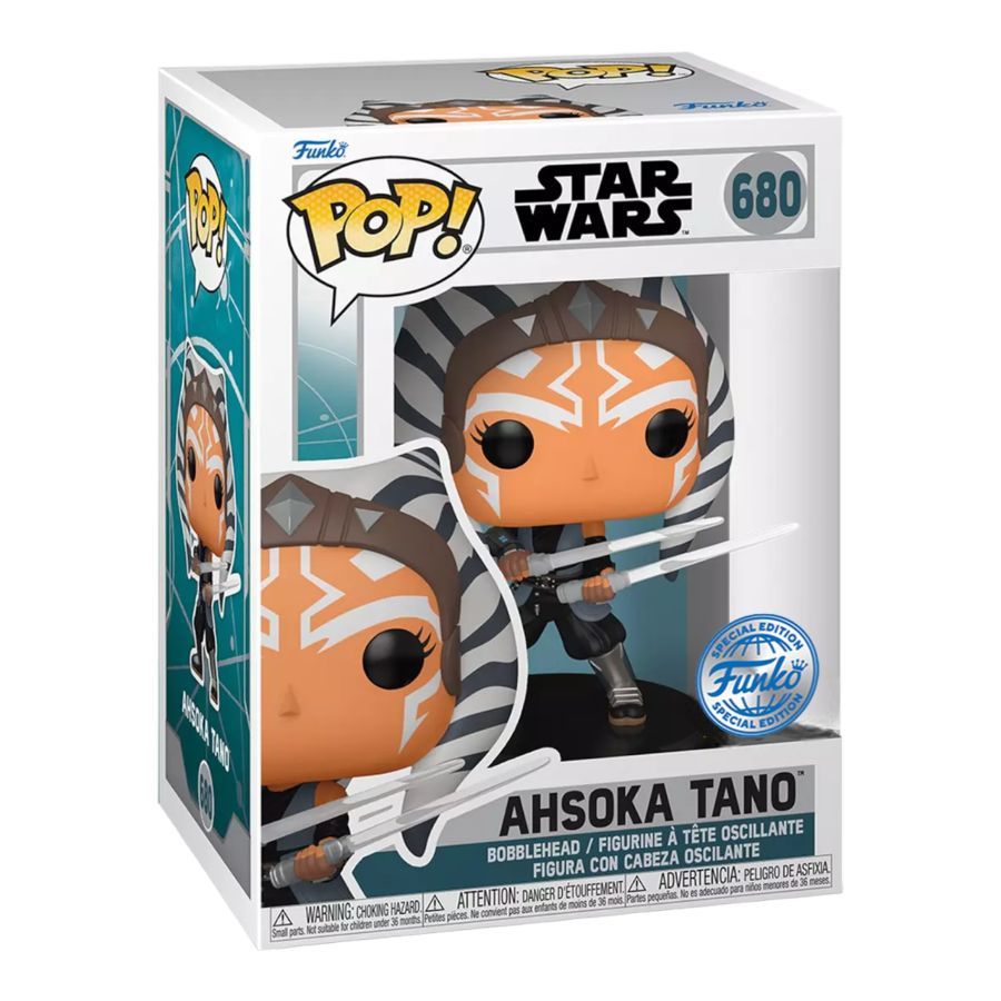 Funko branded packaging with clear window. Inside box is Ahsoka Tano Figure posed with dual lightsabers.
