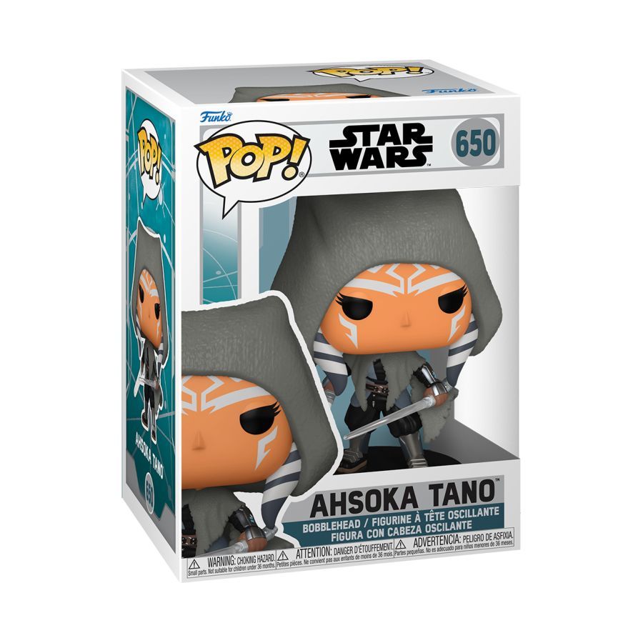 Funko branded packaging with clear window. Inside box is Ahsoka Tano Figure with hood up and dual lightsabers. 