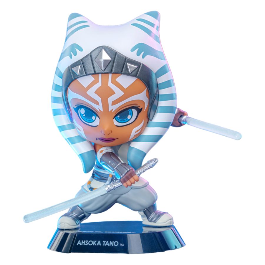 Funko branded packaging with clear window. Inside box is Ahsoka Tano Action figure posed with two lightsabers. 
