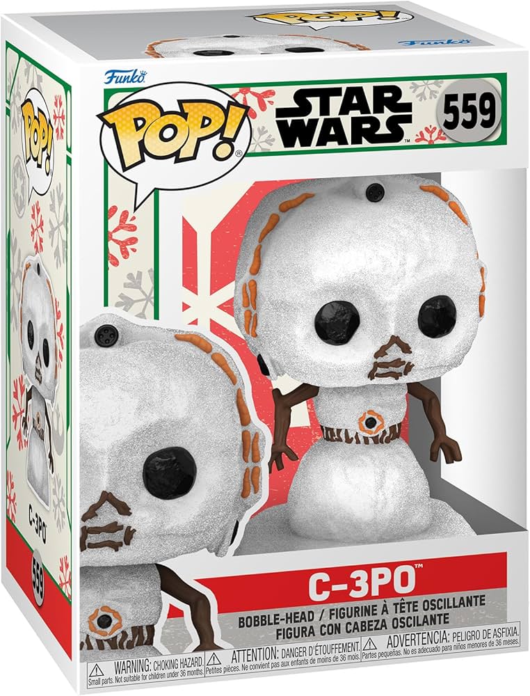 Funko Branded Packaging with clear window. Inside box is C-3PO as a snowman. He's adorned with stick arms, button eyes and carrots.