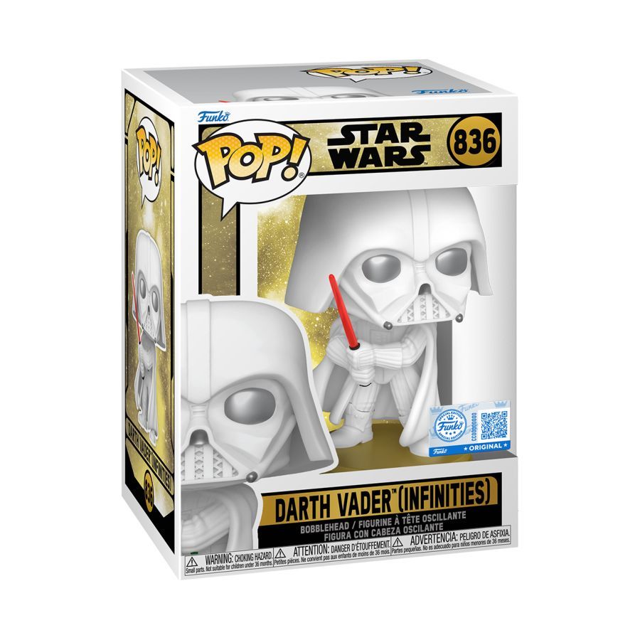 Funko branded packaging with clear window. Inside box is a completely white Darth Vader with red lightsaber.