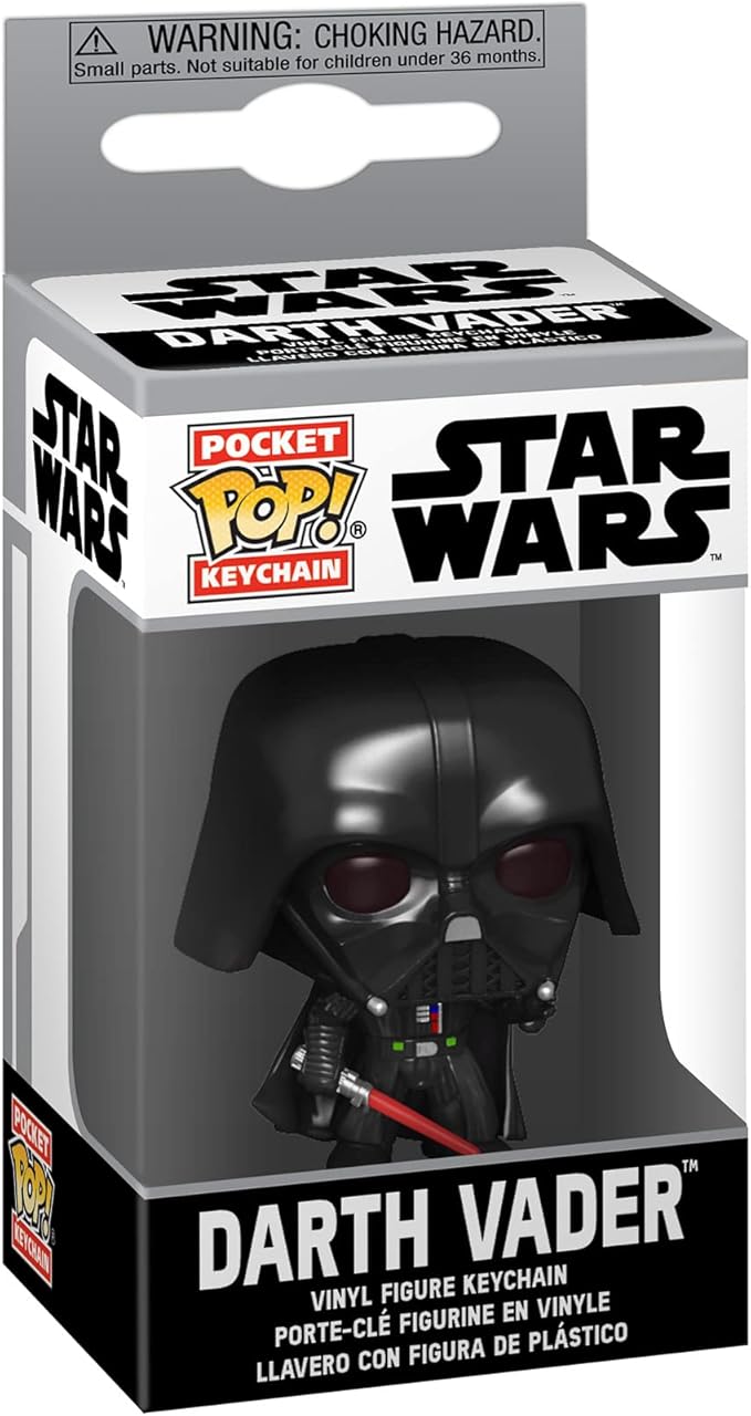 Pop branded packaging with clear window. Inside box is Mini Darth Vader keychain with signature red saber. 