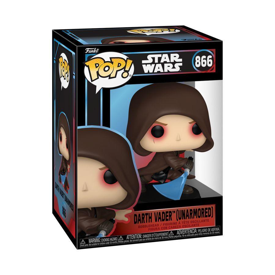 BlackFunko branded packaging with clear window. Inside box is Anakin action figure, with brown cape and blue lightsaber.