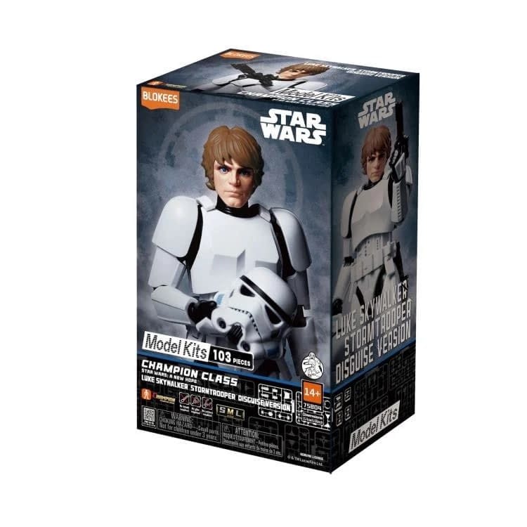 Blokees branded packaging with completed Luke Skywalker figure (in storm trooper disguise) on cover.