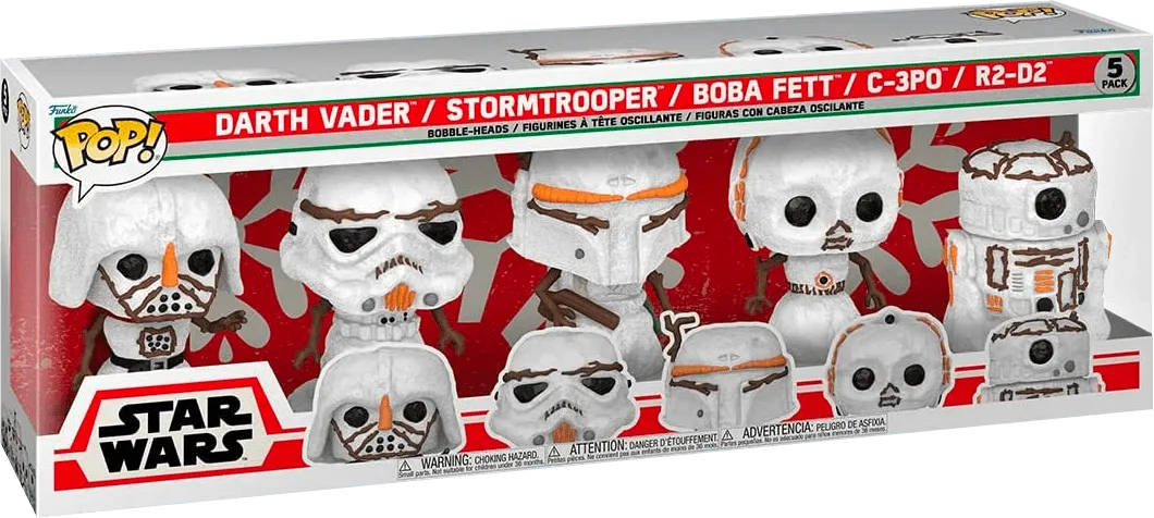 Funko branded packaging with clear window. Snowman themed Star Wars characters with glitter