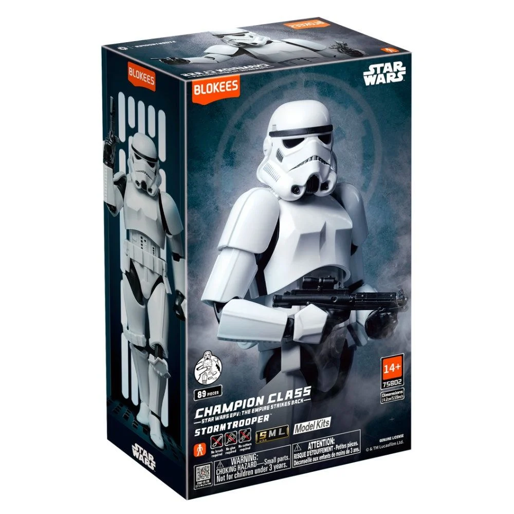 Blokees branded packaging with complete storm trooper model on box. 