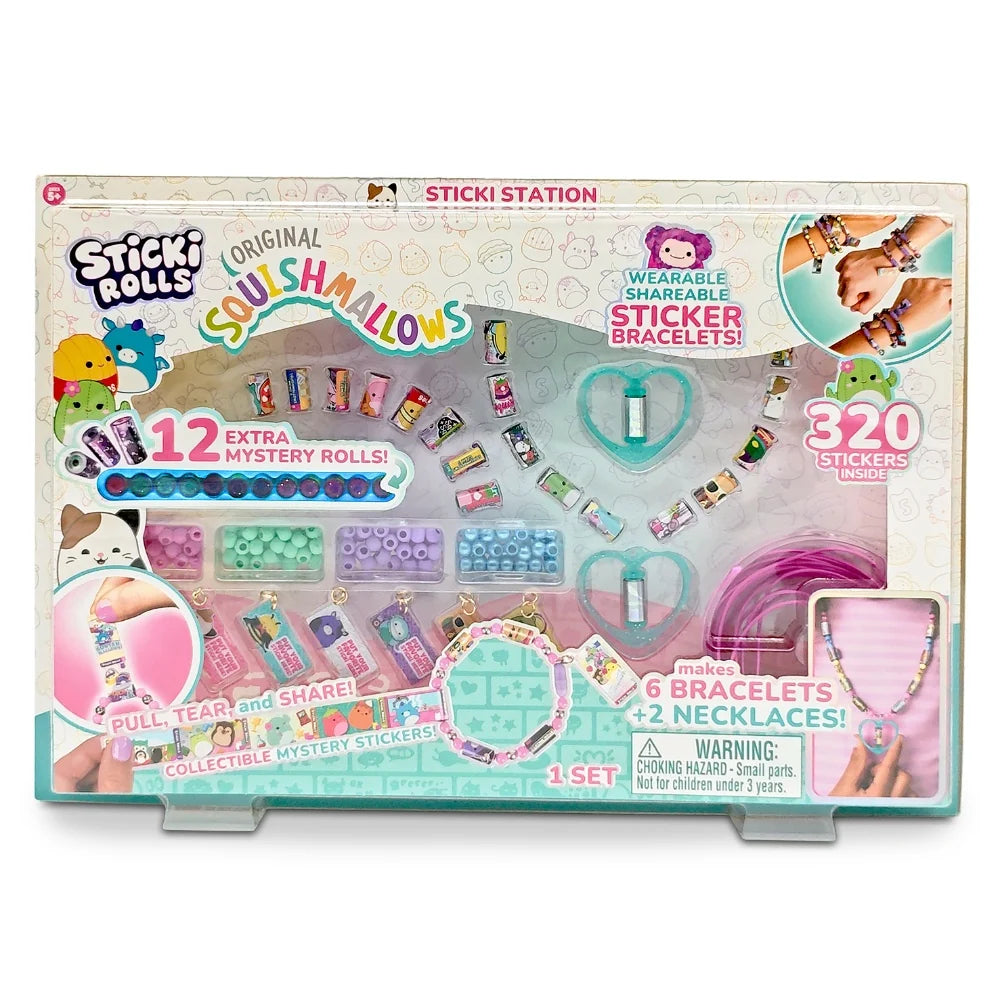 Sticki Rolls branded packaging with a squishmallow crossover. Inside box is numerous coloured beads, sticki rolls, pendants, string and more. 