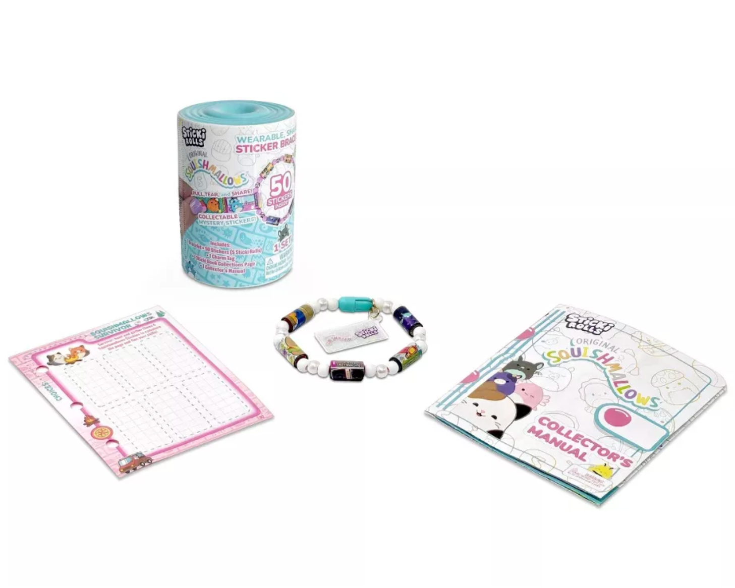 Sticki Rolls branded packaging with squish mallows collaboration. Manual, Barrel shaped packaging and sticki rolls bracelet on a white background. 