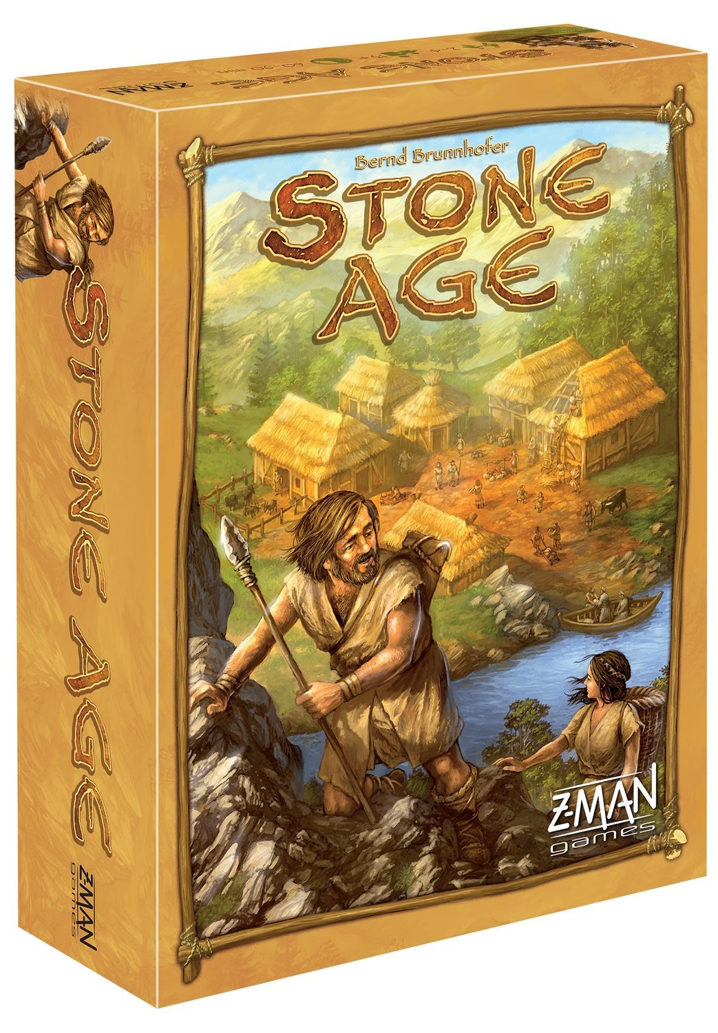 Board game box for 'Stone Age' by ZMan Games with illustrations of a caveman and a woman, and the game's title.