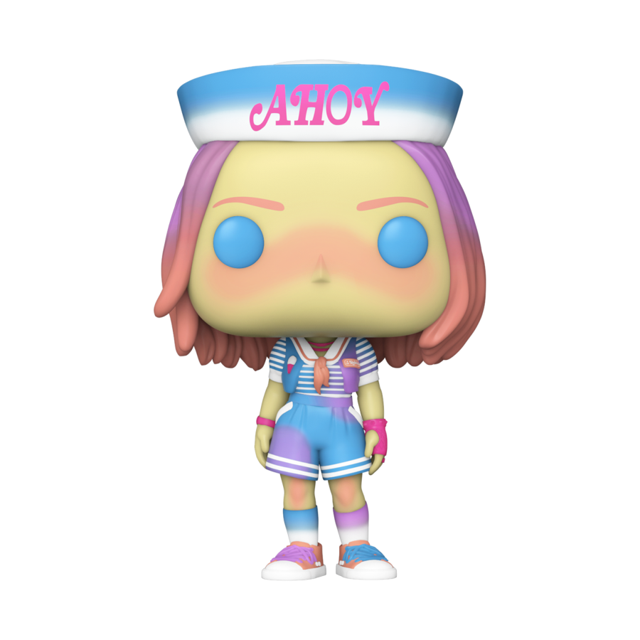 Robin, A character from stranger things in a rainbow scoops ahoy uniform. 