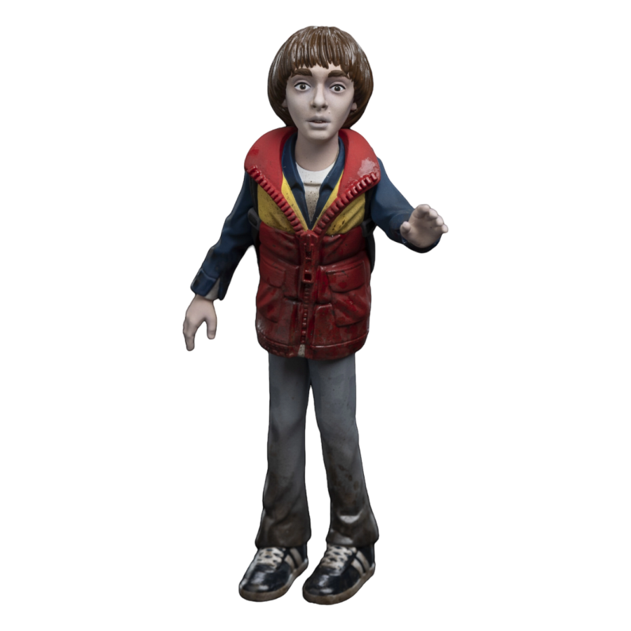 Action figure wearing a red vest and blue jacket on a white background. Stranger Things Will Byers Mini Epics Vinyl Figure.