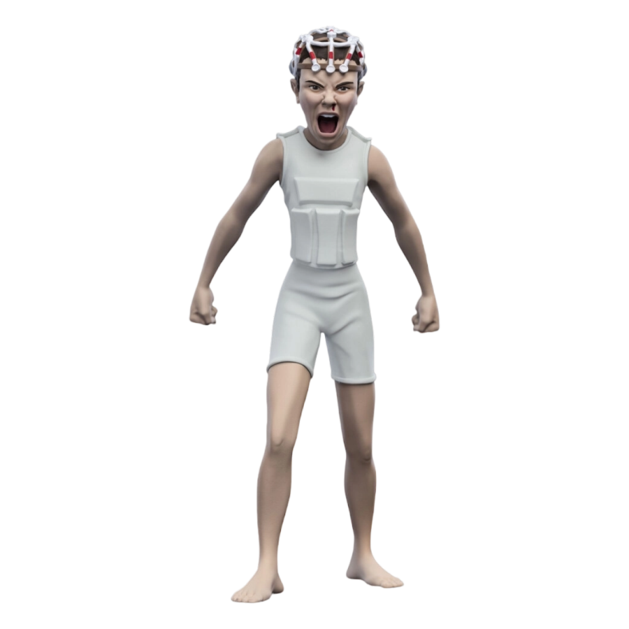 Stranger things character Eleven, in a white tank top and white shorts. Stranger Things Eleven Powered Mini Epics Vinyl Figure