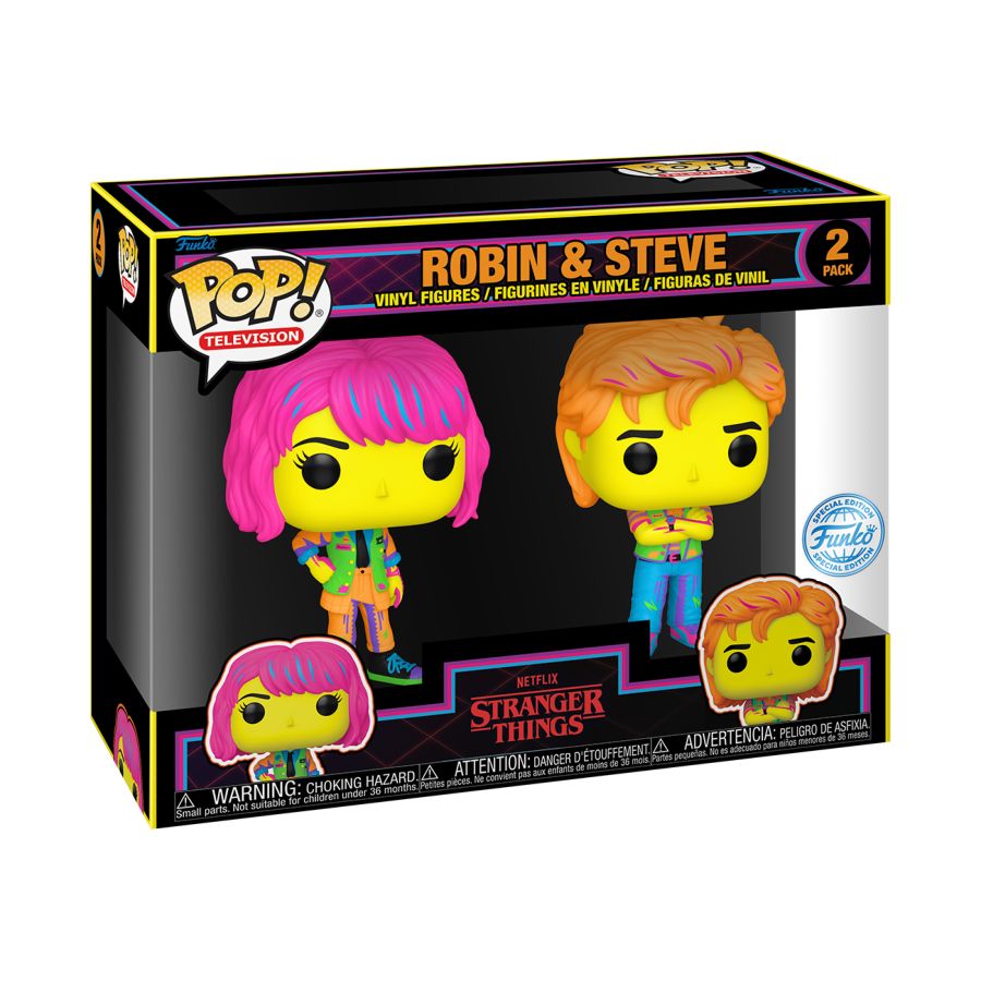 Funko Pop! Stranger Things packaging with two vinyl figures, Robin and Steve, on a white background. Stranger Things Robin & Steve US Exclusive Blacklight Pop! 2 pack.
