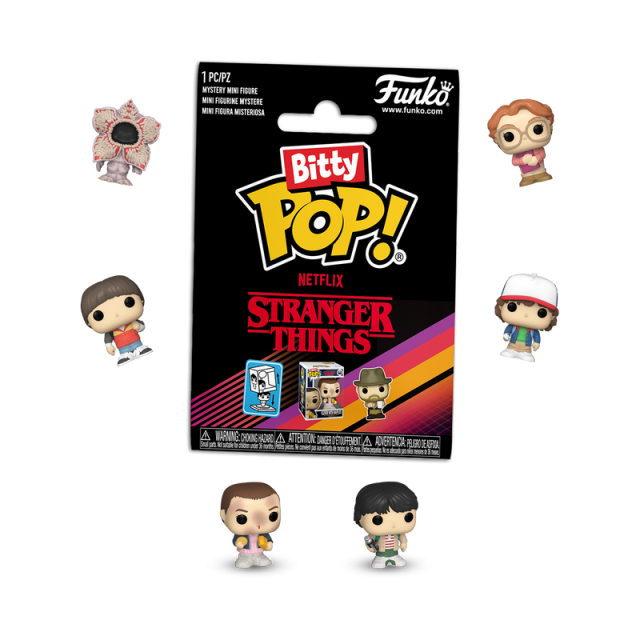 Funko branded pouch with Stranger Things collaboration. It's surrounded by mini bitty pops, including, Demogorgon, Will, Eleven, Mike, Dustin and Barbara.