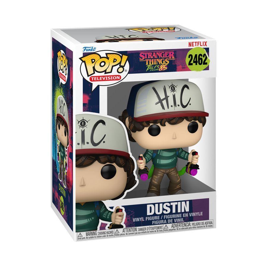 Funko branded packaging with clear window and figure inside. Inside box is a Dustin figurine with green sweater, torn brown pants and white cap.