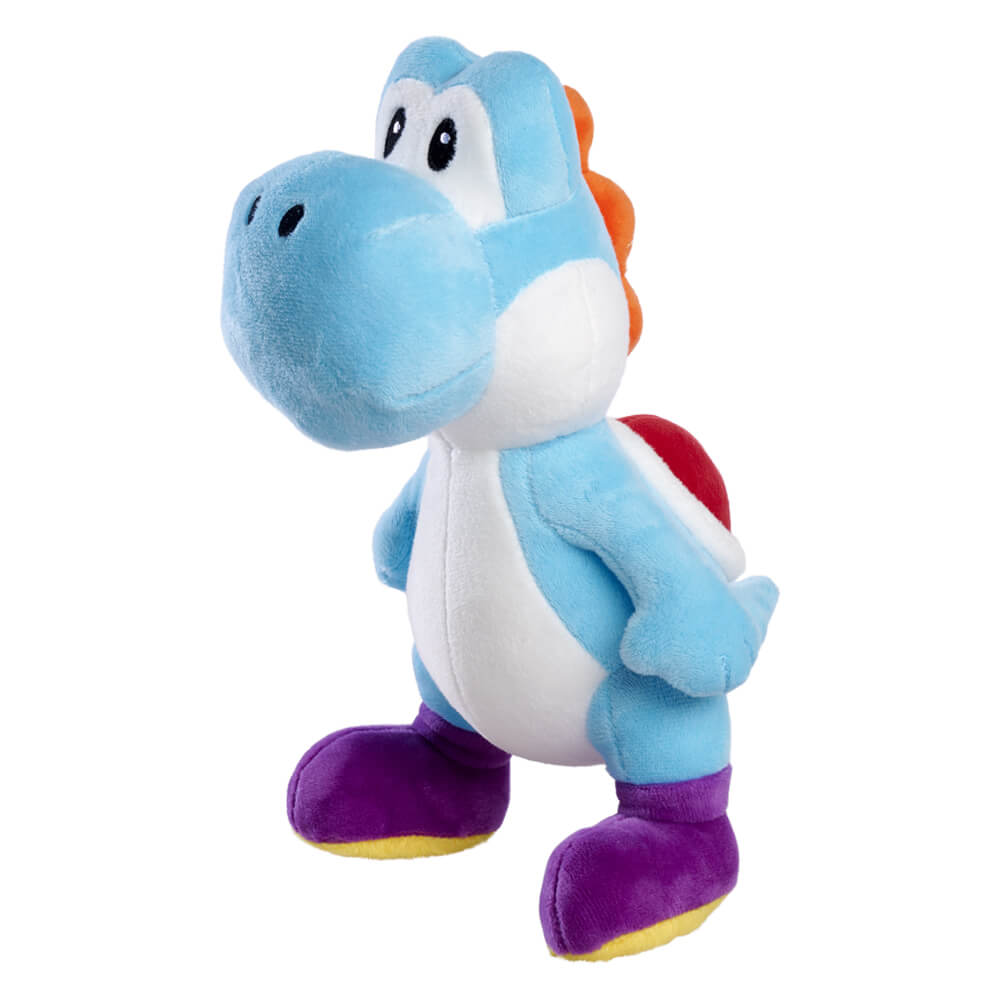 Image shows Blue Yoshi Plush sitting upright on hind legs.