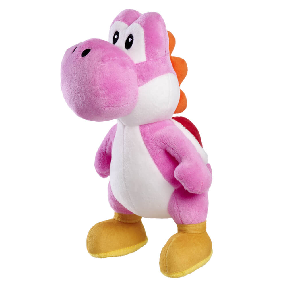 Image shows, Pink Yoshi Plush sitting upright on hind legs.