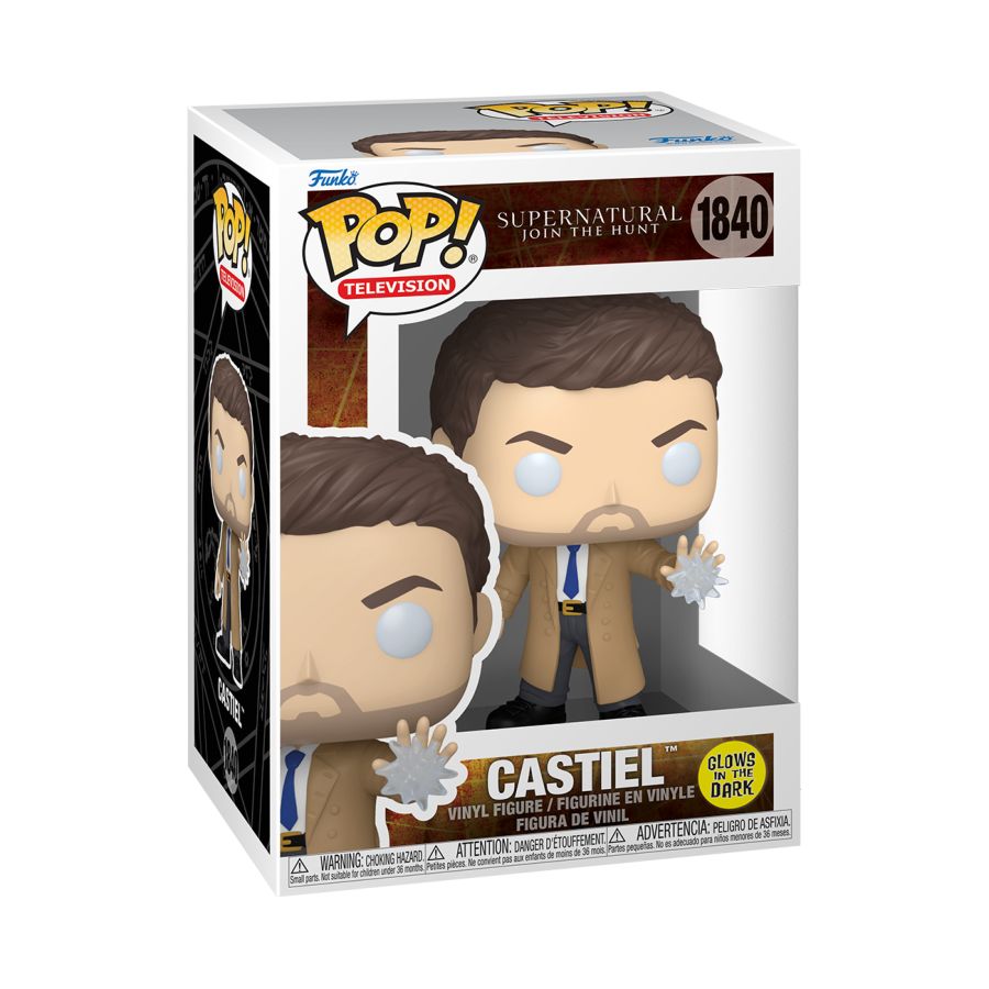 Character Castiel with beige coat, blue tie and blue jeans. Supernatural - Castiel US Exclusive Glow Pop! Vinyl