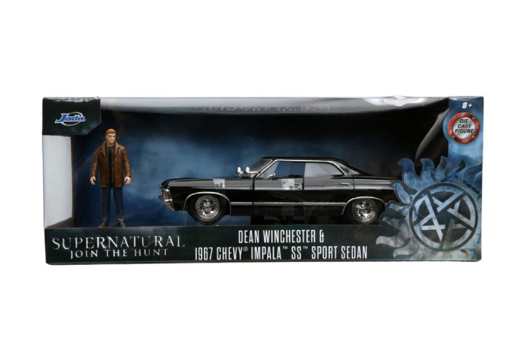 Die-cast/Jada Toys branded packaging with clear window. Inside the box is a Dean Winchester action figure with black 1967 Chevy Impala SS Sport Sedan. 