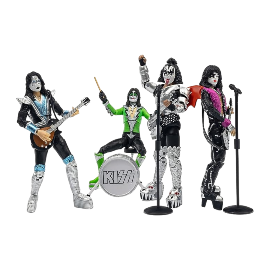 Four action figures of a rock band on a white background