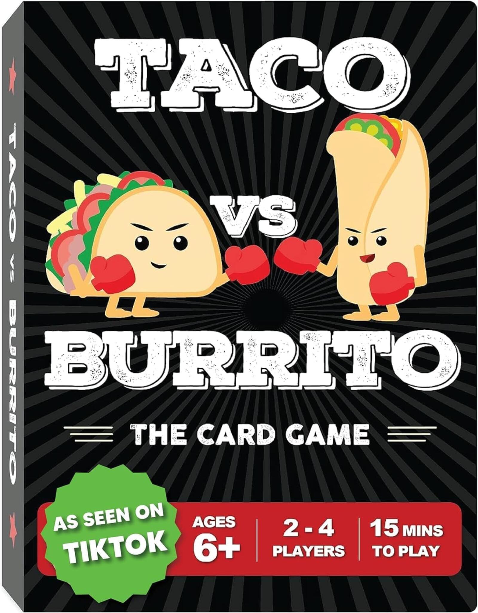 Card game box for 'Taco vs Burrito' with cartoon tacos and burrito on a black background.