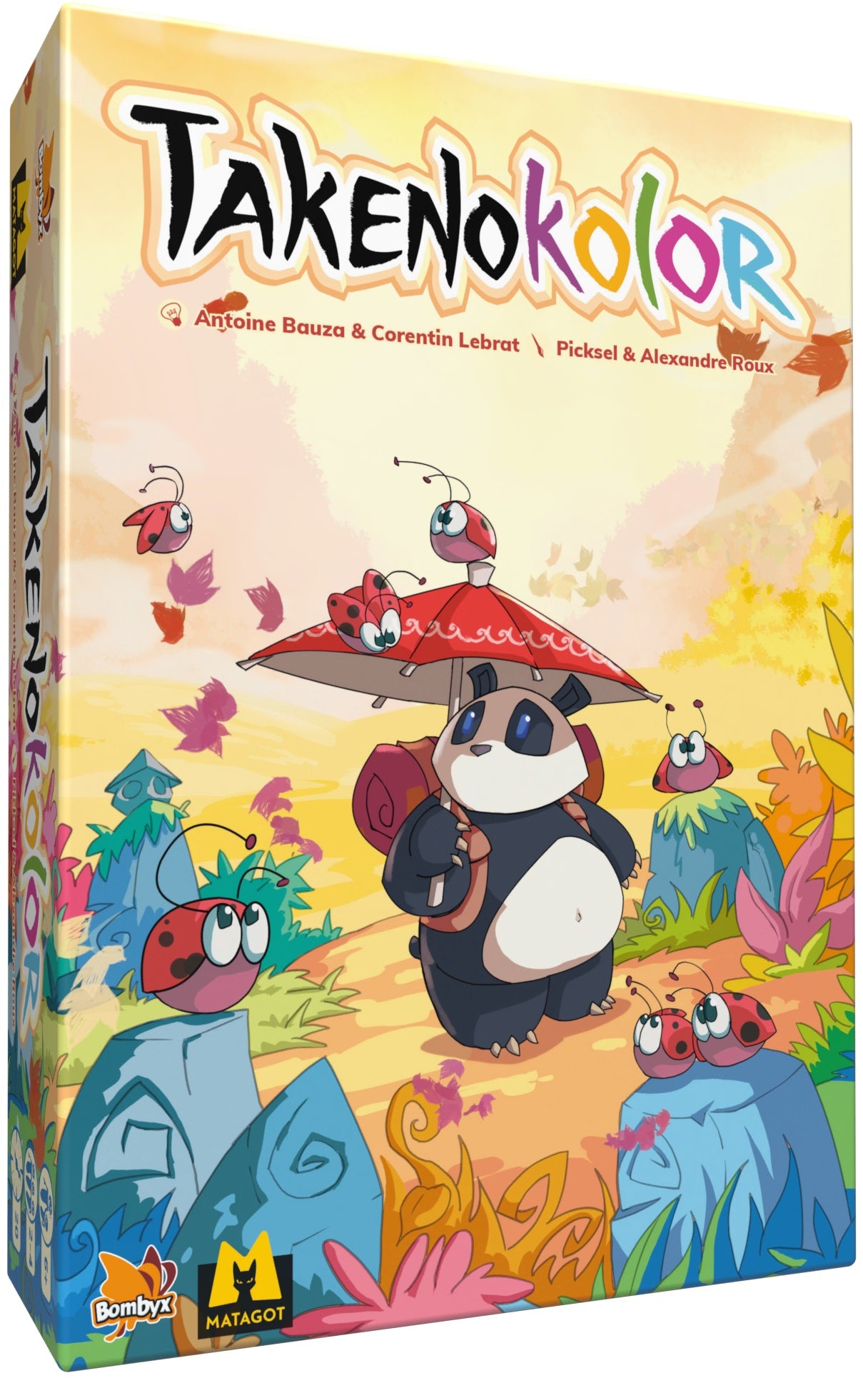 Matagot branded packaging with colourful title, panda with red parasol and sunset background.