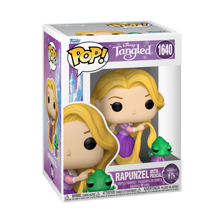 Tangled 15th Anniversary - Rapunzel & Pascal Pop! Vinyl. Image shows, Rapunzel Pop Vinyl with her companion Pascal, the chameleon.