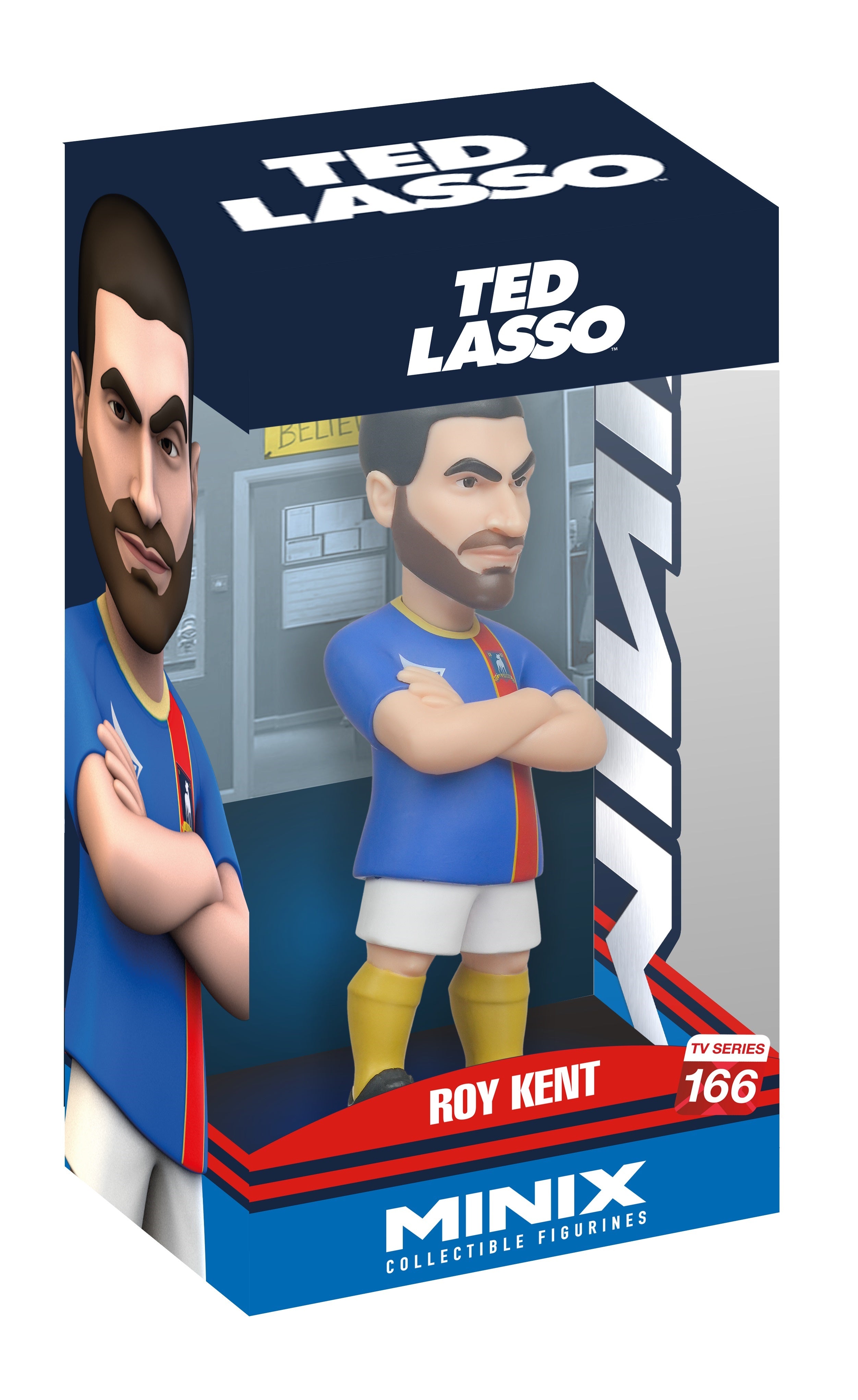 Box packaging of a 'Ted Lasso' collectible figure with character illustration and branding.