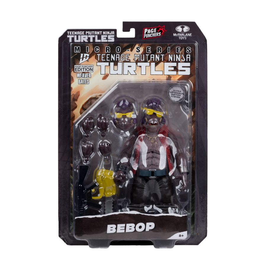 Packaged action figure of Bebop from Teenage Mutant Ninja Turtles with accessories on a white background. Teenage Mutant Ninja Turtles - Bebop Page Punchers 5" Figure with Comic.