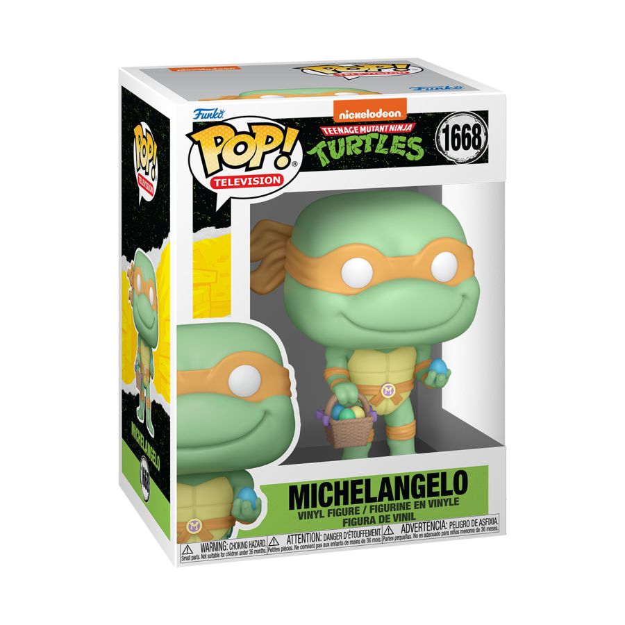 Funko Pop! Michelangelo figure packaging with branding and product details.