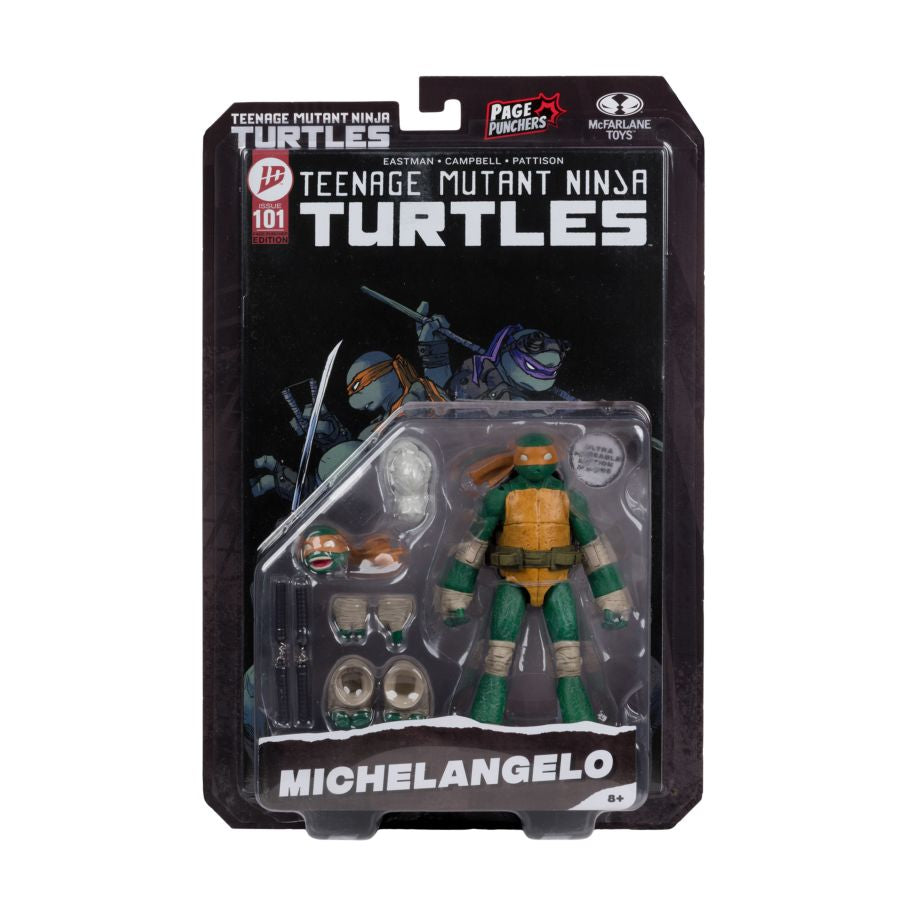 Packaged Teenage Mutant Ninja Turtles Michelangelo figure with accessories on a white background