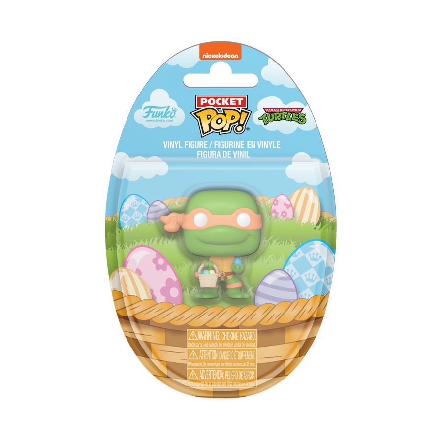 Funko Pop! vinyl figure packaging with Michelangelo and Easter eggs on a blue background. Teenage Mutant Ninja Turtles - Michelangelo Easter Pocket Pop! Vinyl.