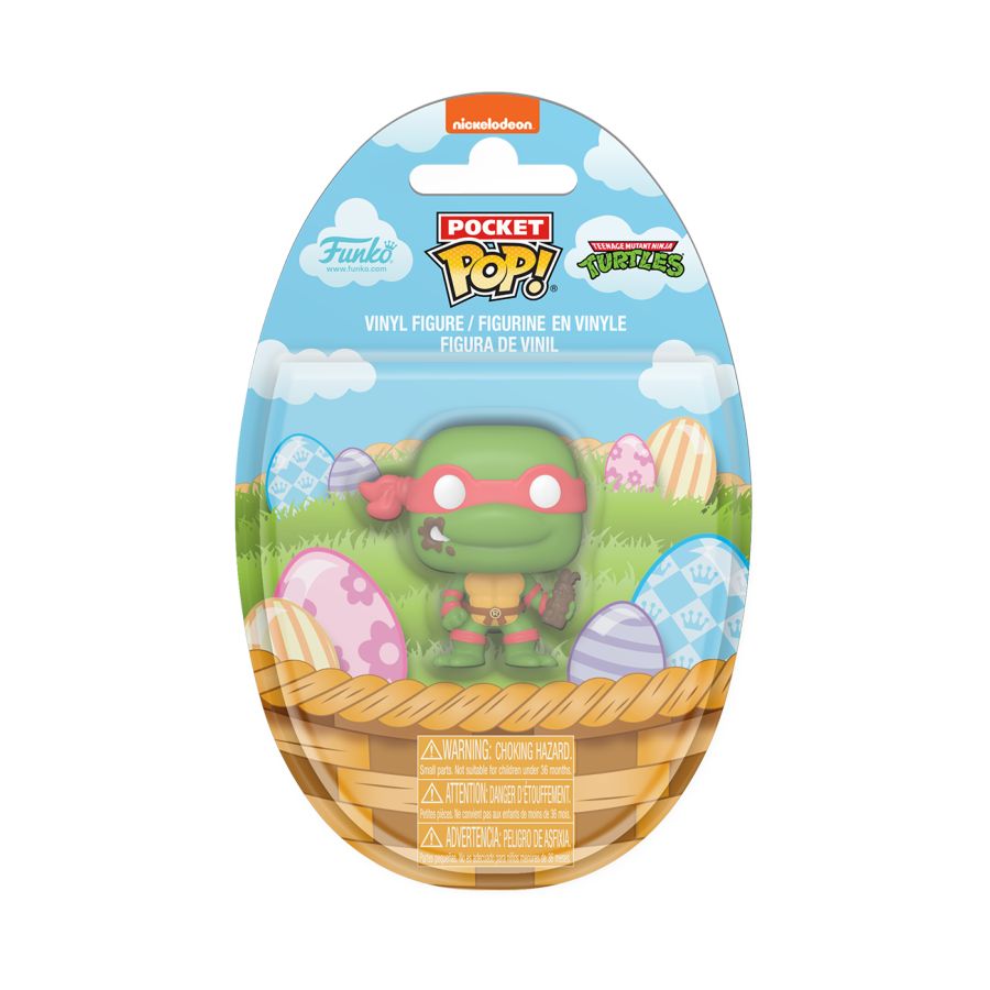 Funko Pop! vinyl figure packaging with Raphael in an Easter basket on a blue background.